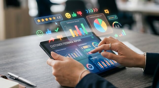 Customer satisfaction survey on tablet computer analyzing feedback reports with positive ratings and charts.