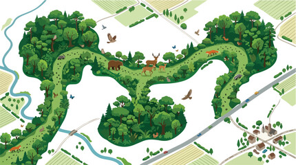 Fototapeta premium Illustrated landscape map with wildlife and forest patches.