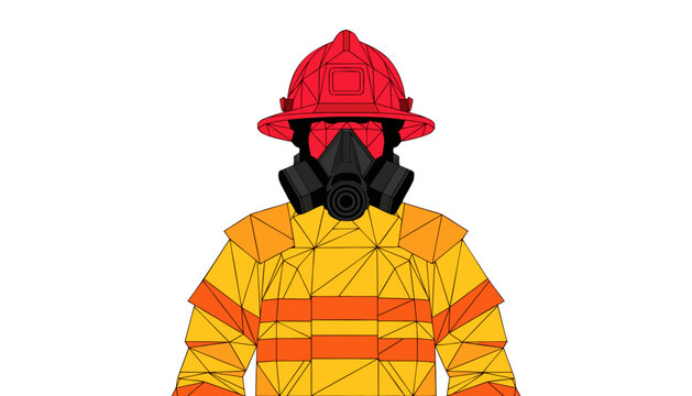 Vector illustration of low-poly firefighter wearing protective suit and gas mask, emergency response concept, modern rescue artwork