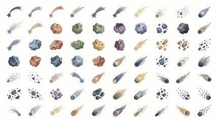 Collection of watercolor illustrations of comets, meteors, asteroids, and shooting stars in various shapes and colors against a white background. © Eza