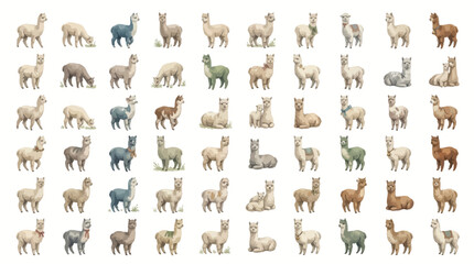 Collection of Various Alpacas in Different Poses and Colors. © Eza
