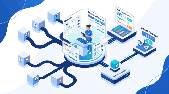 Isometric healthcare data management system with nurse monitoring patient blood pressure and medication titration for digital medical dashboard and clinical analysis presentation