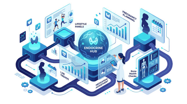Isometric Endocrine System Hub Infographic with Medical Professional Analyzing Hormone Health Data and Pregnancy Planning for Digital Healthcare Presentation and Diagnostic Research