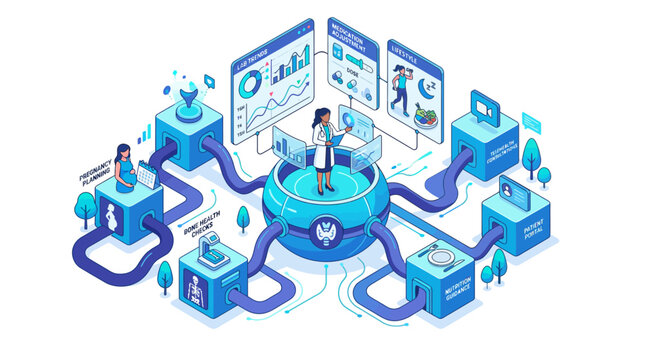 Isometric digital health and thyroid care medical infographic with doctor charts and patient services