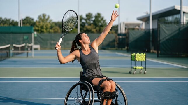 Athlete in sports wheelchair practices tennis serve, illustrating focus, coordination, athletic skill and modern disability sport.