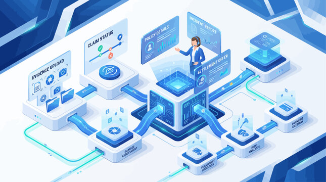 Isometric digital insurance claim processing system with AI interface and data flow charts for corporate business technology presentation