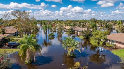 Fototapeta premium Flooded neighborhood with submerged houses, floodwaters, partially submerged cars, palm trees and residential property damage under severe urban inundation conditions