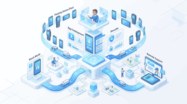 Isometric Mobile Device Management MDM System Infographic Showing App Deployment Security Kiosk Mode and Remote Support Network Concept for Corporate IT Infrastructure and Digital Transformation