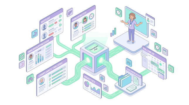Isometric medical transplant hub digital platform with patient data management analytics and donor matching system for healthcare software presentation and hospital workflow automation