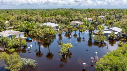Obraz premium Flooded neighborhood with submerged houses, floodwaters, partially submerged cars, palm trees and residential property damage under severe urban inundation conditions