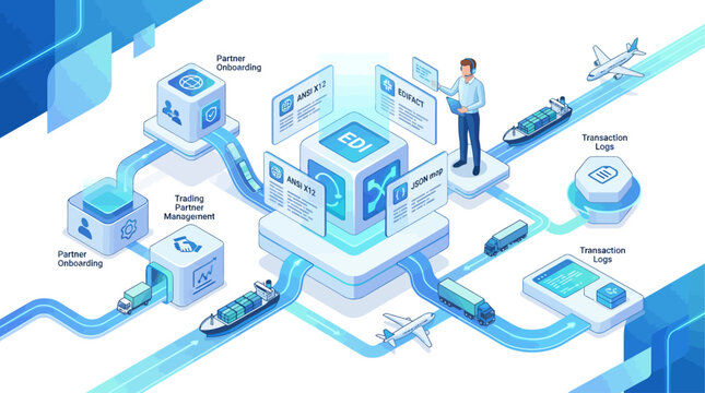 Isometric EDI electronic data interchange flow chart with logistics supply chain automation and digital business integration for corporate web design and presentation materials