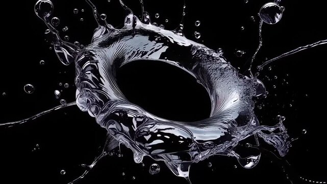 Water forms a circular splash with droplets flying outward against a dark background in this dynamic visual activity captured in detail