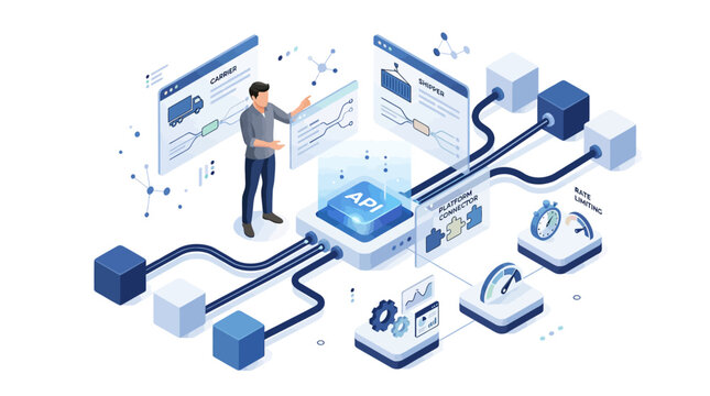 Isometric API integration and software development illustration with developer managing digital logistics network and data connectivity for corporate cloud infrastructure and platform architecture
