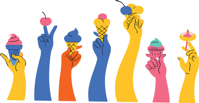 Colorful hands holding ice cream cones cupcakes cherries and candy desserts isolated flat vector illustration collection