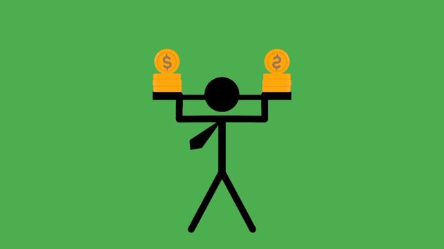 Animated businessman icon lifting money dumbbell representing dedication, financial achievement, workplace motivation, and professional development.