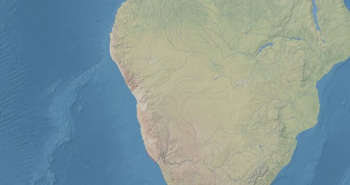 Namibia on Globe. Zoom into the country with Earth spinning on dark background. Physical world map with Namibia and label on it. Country view animation.