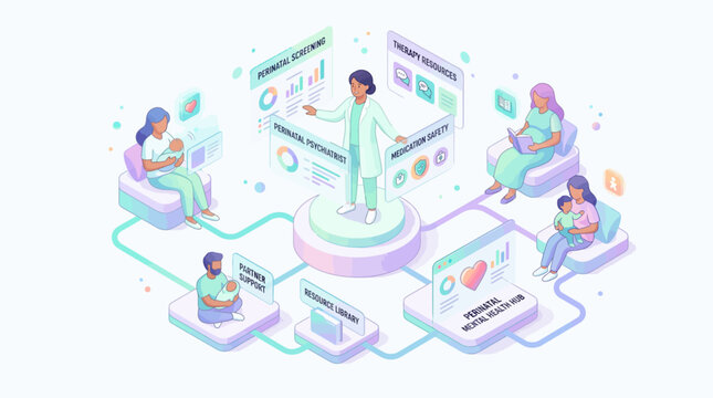 Isometric Perinatal Mental Health Hub Illustration with Doctor and Patients for Healthcare Infographic and Medical Wellness Education