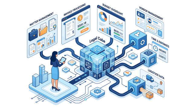 Isometric legal technology infographic showing digital law firm management with data analytics and financial software interface for corporate business automation and legal workflow solutions