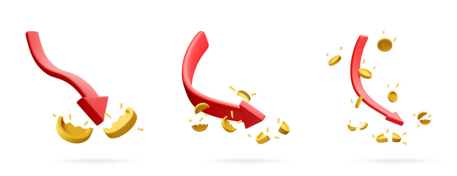 Set of 3D red arrow crashing into gold coin for financial loss. Economic crisis and market crash concept. Bankruptcy and investment failure illustration for business presentation. Vector illustration