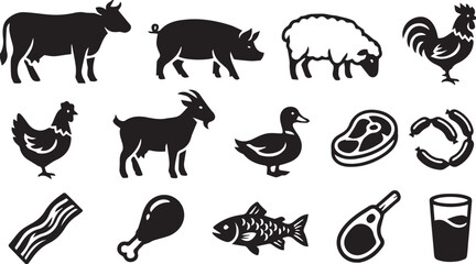 Obraz premium Farm Animals, Livestock, Meat and Dairy Silhouette Icon Set