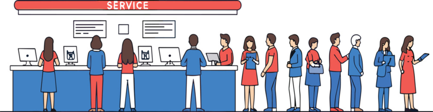 Customer service center illustration with people waiting in queue at reception desk support counter and office assistance flat vector scene
