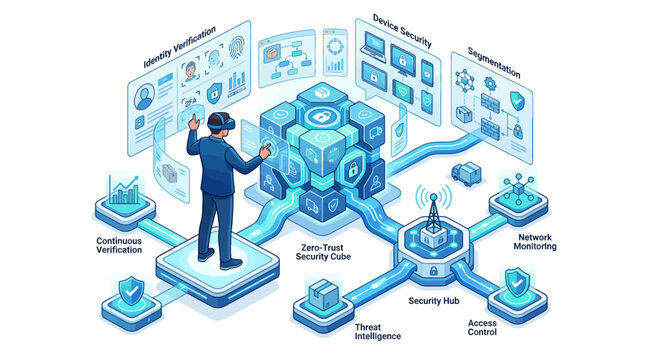 Isometric zero trust cybersecurity architecture with virtual reality interface and digital data protection nodes for corporate network infrastructure security presentation design