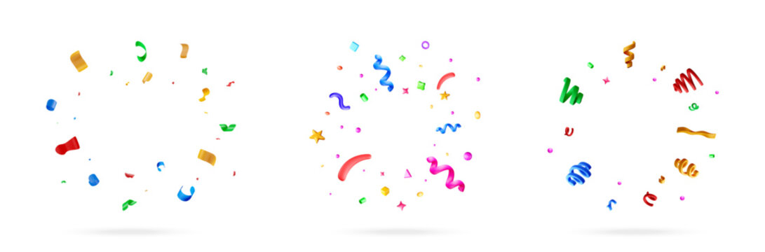 3D set of colorful confetti and curled ribbon streamers. Birthday celebration and party decoration elements. Isolated festival greeting card design. Vector illustration