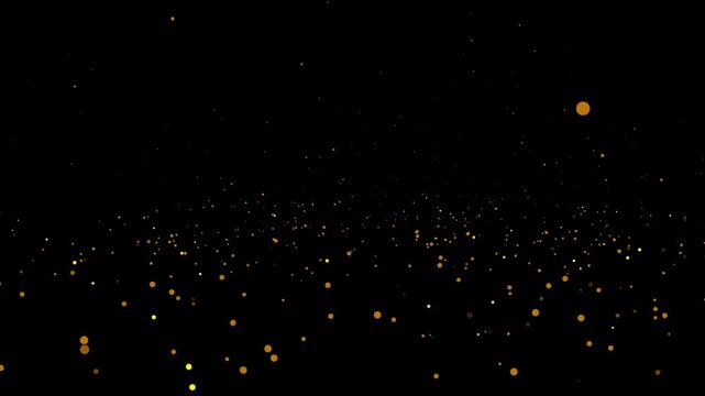 Golden glowing particles dust floatingon abstract black background, void light circles effect space gold, super slow motion of abstract gold particles filmed on high speed cinematic camera. 4K