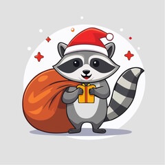 Fototapeta premium Cute Raccoon Wearing Santa Hat Holding Gift and Christmas Sack