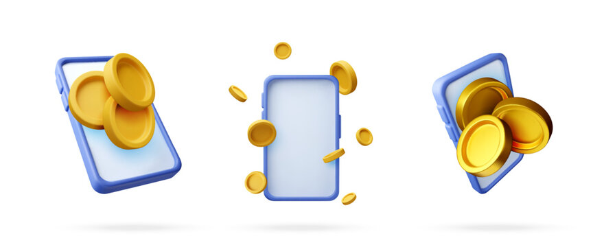 3d smartphone with gold coins floating around. Online banking and mobile payment. Digital financial transaction, investment growth, money saving, e-commerce business app icon set. Vector illustration