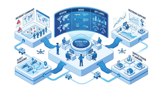 Isometric Logistics and Global Supply Chain Management Hub Infographic with Data Analytics and Digital Tracking Systems in Blue Monochrome Style