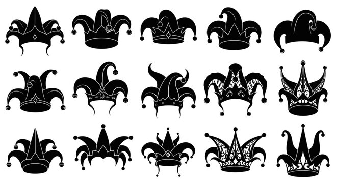 Jester hats and royal crown silhouettes collection in black