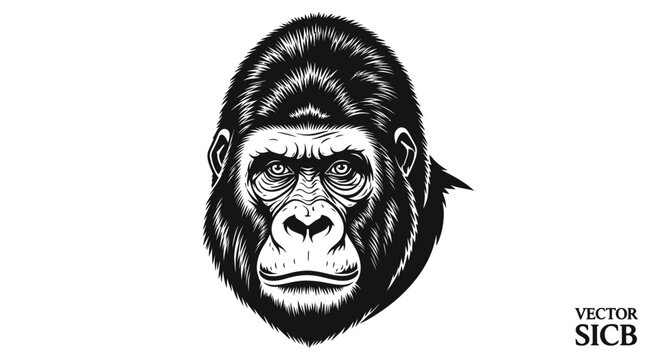 Powerful gorilla head portrait in black and white line art