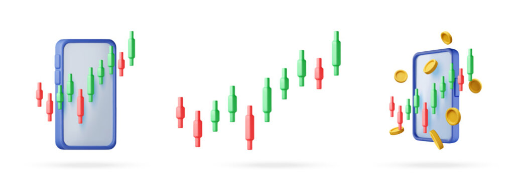 3d smartphone with floating candlestick chart and gold coin. Stock market analysis mobile application. Financial trading platform interface. Digital economic growth investment. Vector illustration