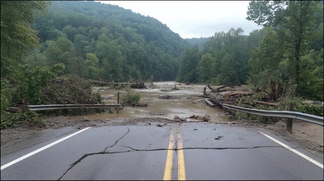Flood damaged road with fractured asphalt, collapsed bridge, broken guardrail, muddy river and debris. Infrastructure destruction caused by extreme flooding and erosion