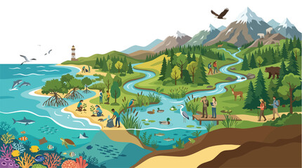 Fototapeta premium Educational illustration of a coastal ecosystem and water cycle landscape.