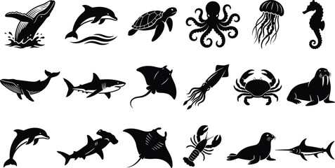 Obraz premium Comprehensive Collection of Marine Animal Silhouette Illustrations Featuring Ocean Wildlife and Aquatic Species