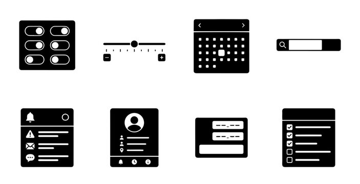 UI Elements Set: Toggle Switches, Slider, Calendar, Search Bar, Notifications, Profile, Forms, List Icons