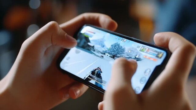 Mobile Gaming Thrills: Close-up shot of a person's hands holding a smartphone and intensely playing a video game, engrossed in the digital world.