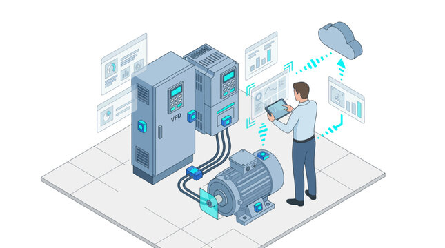 Isometric illustration of technician monitoring industrial VFD motor drive and cloud data analytics for smart factory automation and digital maintenance management