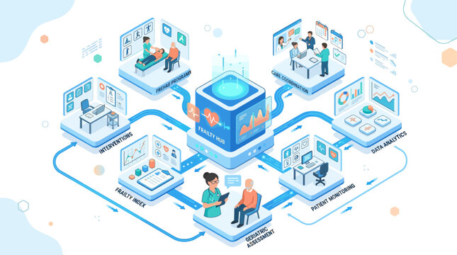 Isometric Healthcare Infographic Representing Geriatric Frailty Hub with Patient Care Coordination and Clinical Data Analytics Workflow for Medical Presentations