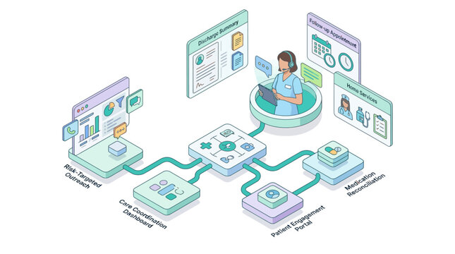 Isometric healthcare digital platform infographic showing patient care coordination and remote medical service management with nurse interface