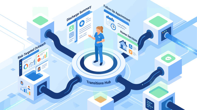 Isometric Healthcare Transitions Hub Infographic with Nurse and Patient Care Workflow Process Flowchart for Hospital Management and Digital Health Integration