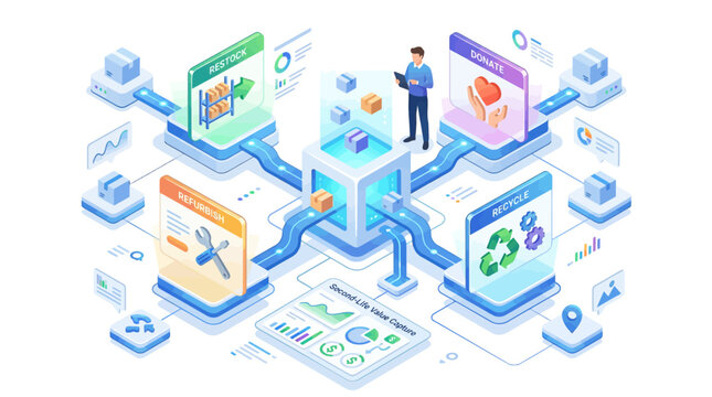 Isometric circular economy supply chain concept with recycling refurbishment donation and restocking logistics process in modern digital 3D style for sustainable business management presentation