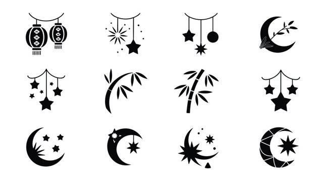Decorative lunar phase elements and hanging ornaments with bamboo stalks for print art.