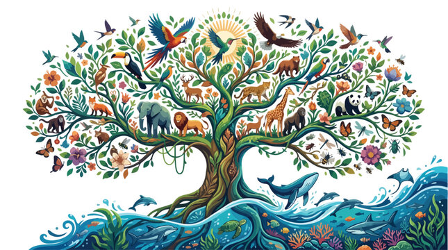 A vibrant artistic tree of life illustration showcasing diverse animals and marine life.
