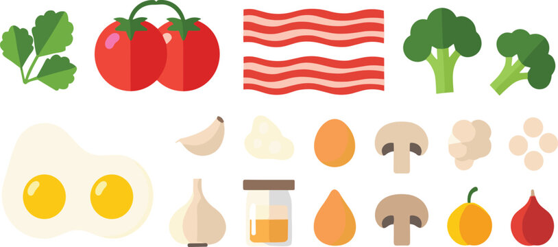 Flat breakfast ingredient collection with eggs bacon tomatoes broccoli mushrooms garlic and cooking essentials vector illustration set