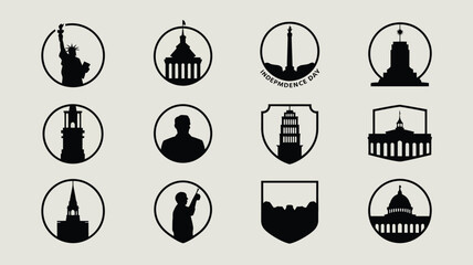 Set of twelve round and shield icons featuring american landmarks for national festivals. © PRITOM