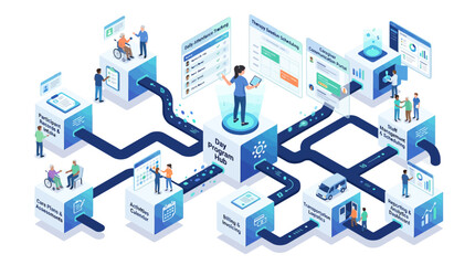 Fototapeta premium Isometric Healthcare Day Program Management Software Workflow Infographic for Senior Care and Assisted Living Administration