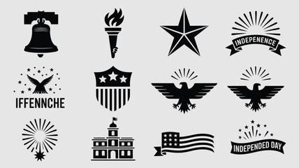 Obraz premium Patriotic holiday silhouettes including eagle wings capitol building and starburst designs.
